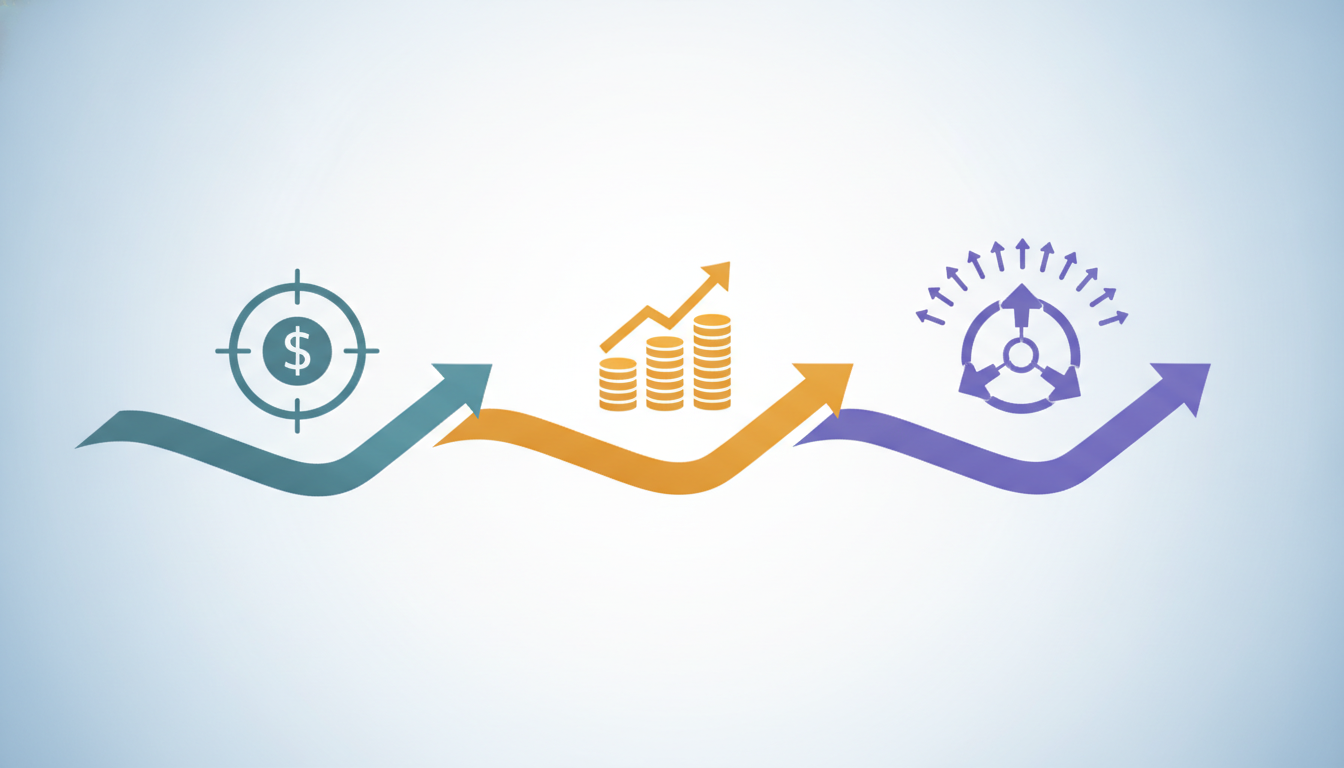 Visual comparison of three smart bidding strategies: cost, revenue, and conversion volume.