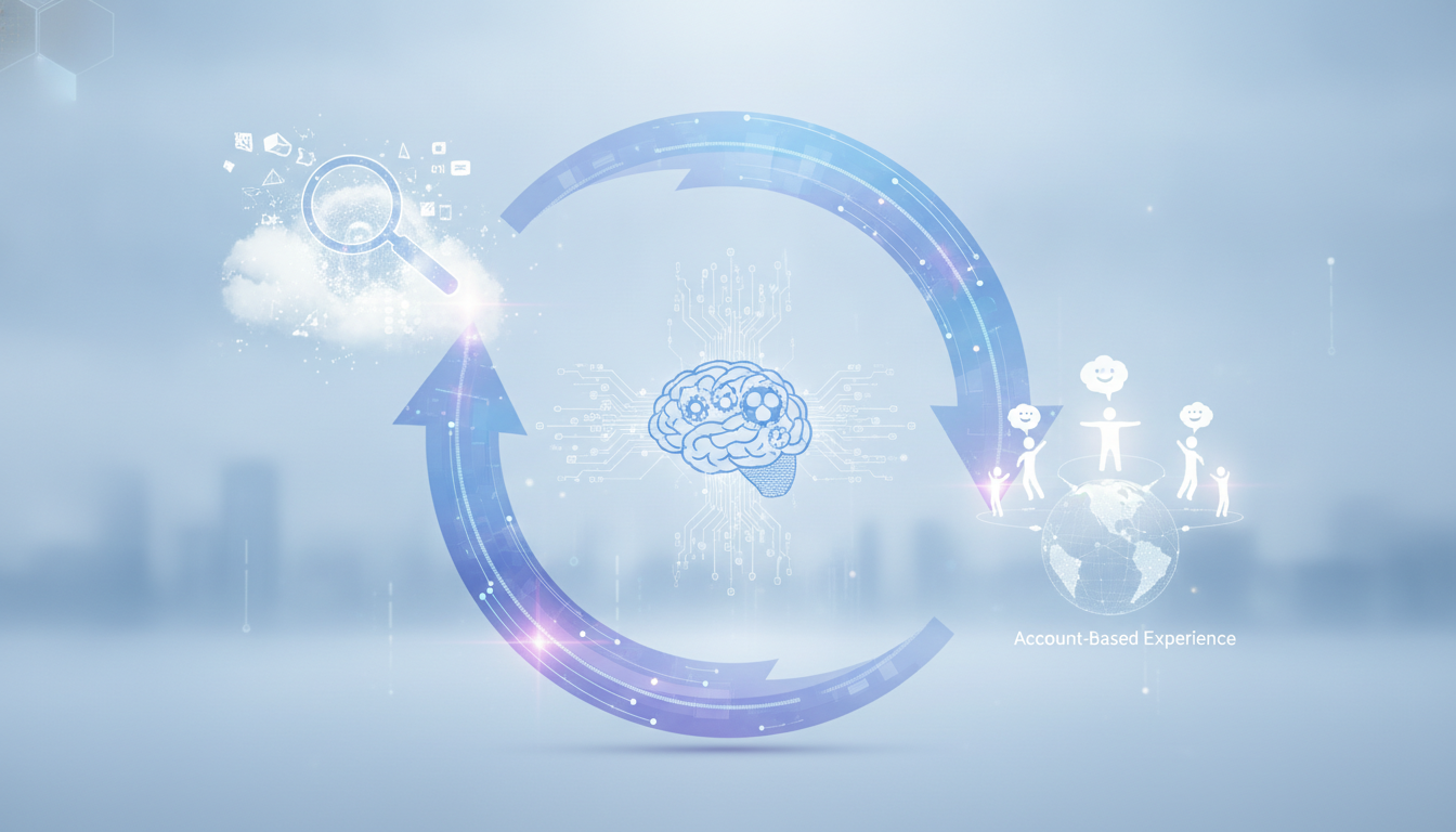 Conceptual illustration of a circular B2B customer journey, showing data collection, AI personalization, and continuous customer experience.