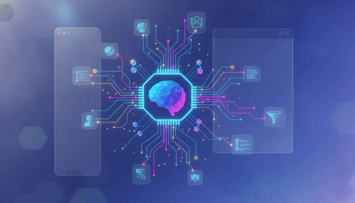 A futuristic illustration showing an AI system analyzing B2B intent data to optimize marketing strategies and personalize content.