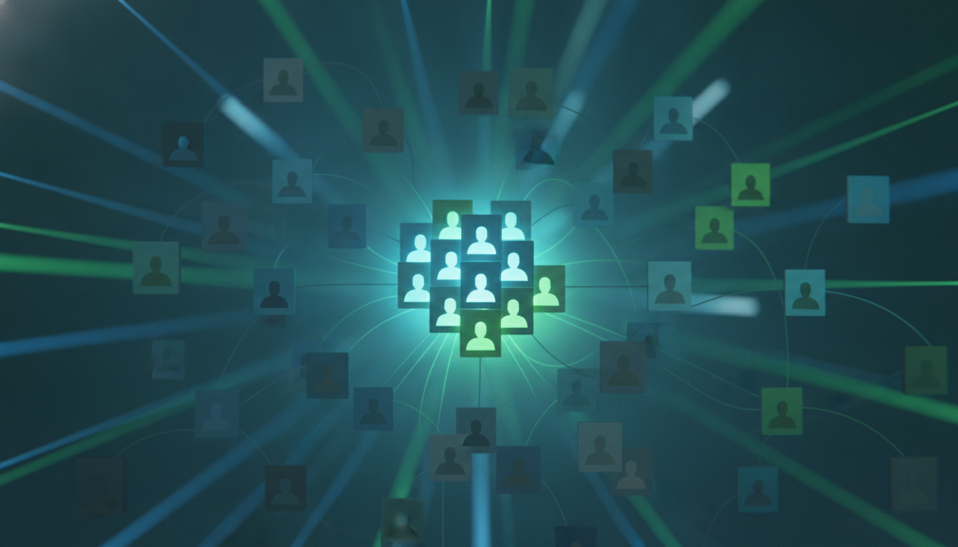 Abstract illustration of Account-Based Marketing (ABM) on LinkedIn, showing precise targeting of high-value accounts within a larger professional network.
