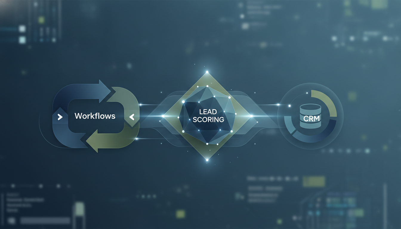 An abstract representation of integrated marketing automation, showing workflows, lead scoring, and CRM connecting.