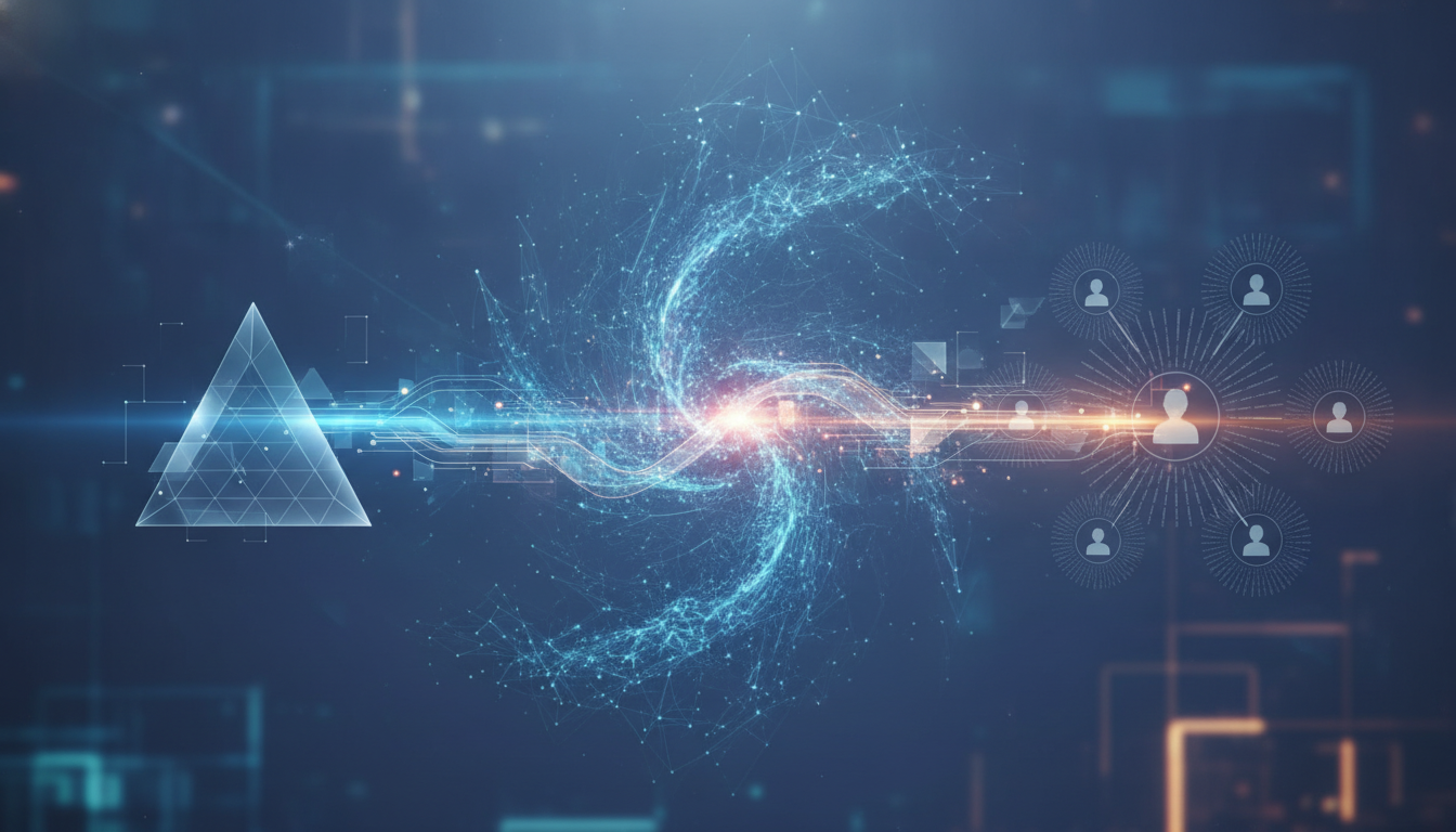 An abstract depiction of AI and personalization enhancing B2B marketing strategies, with data streams and intelligent automation optimizing the customer journey.